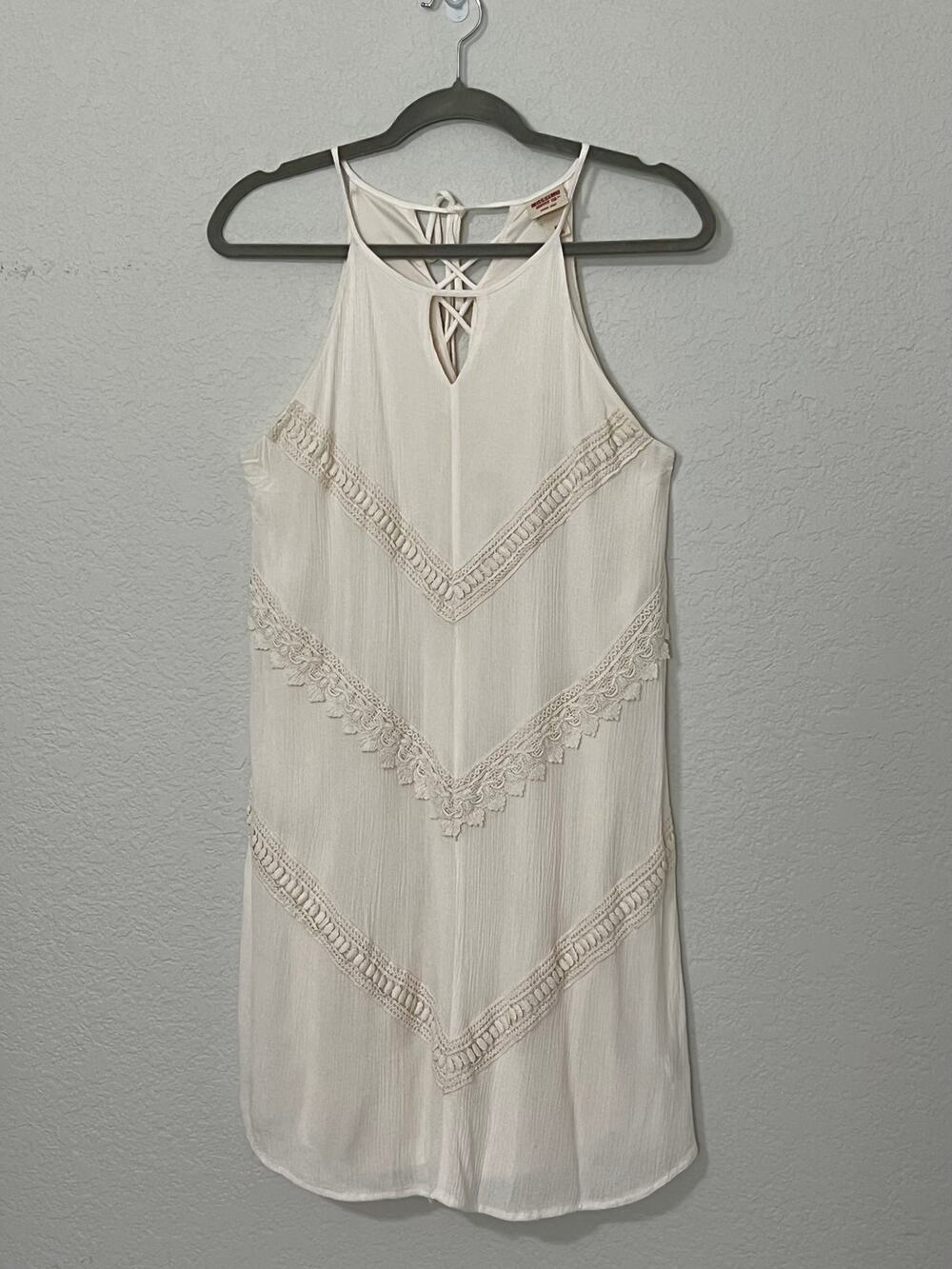 Mossimo Cream Gauze Lace Inset Halter Dress M Y2K Boho Festival Lattice Strappy